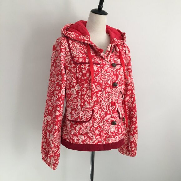 ELEVENSES Anthropologie Textured Red White Floral Polka Dot Lined Hooded Jacket - Picture 1 of 16